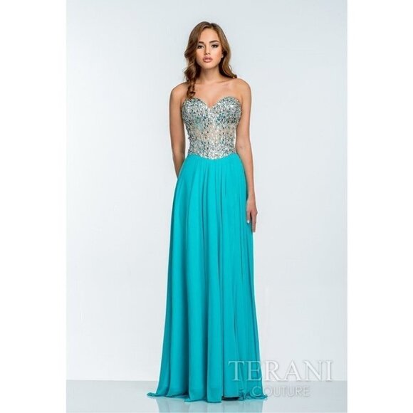 NWT Terani Couture Strapless Aqua Formal Gown $306 - Picture 1 of 13